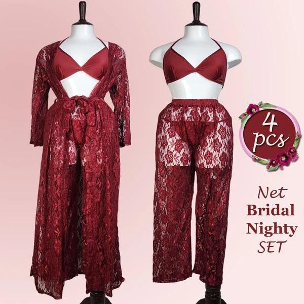 Maroon Embossed Net Nightwear Set -