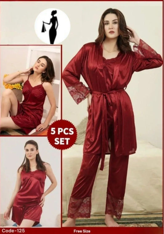 5 pcs Jersey Lace Lightweight And Breathable Nightwear Set